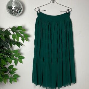 🌲 ZARA forest dark green pull on pleated chiffon midi skirt small 🌲